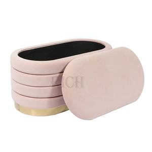 Taburete de terciopelo ovalado para dormitorio, taburete suave de lujo, moderno, otomano, color rosa, italiano, oro, acero inoxidable - Product Image 1