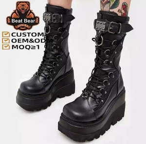 Bottes Gothiques à <span class=keywords><strong>Plateforme</strong></span> Mi-Mollet, Style Punk, Semelle Épaisse, avec Boucle et Anneau Métallique, Taille Plus, Personnalisables - Product Image 1