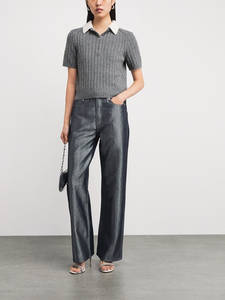 Women's Gray Sweet Color-Block <b>Pearl</b>-Embellished Turn-down Collar Striped Knit Breathable Summer Button T-Shirt Casual <b>Top</b> - Product Image 3