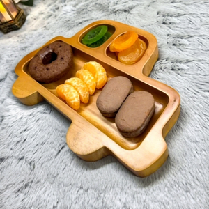 Plateau de service moderne en bois d'acacia naturel et métal, en forme de véhicule, avec compartiments, pour enfants, desserts et fruits - Product Image 1