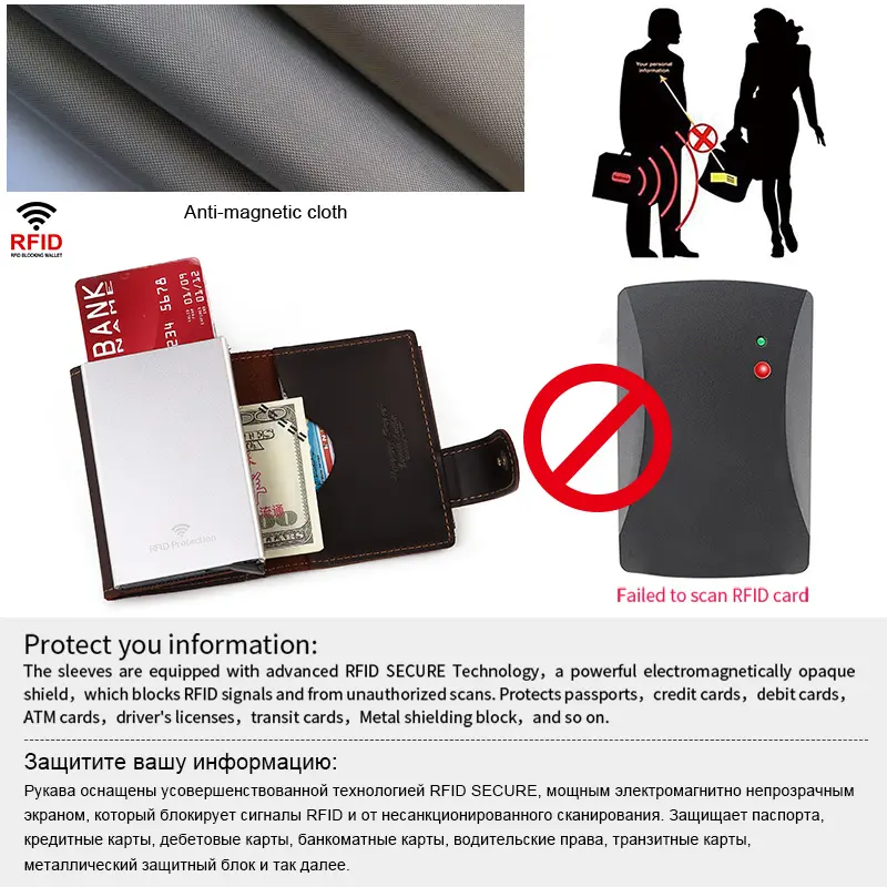 ארנק עור טבע הומרפול לגברים חסימת RFID אוטומטית פופ אפ אלומיניום מתכת מחזיק כרטיס אשראי עם כיס מטבעות
