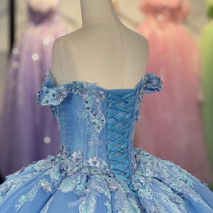 Vestido de Gala Azul para Quinceañera Dy6762 con Apliques, Talla Grande, Escote Corazón, de Gasa para Mujer - Product Image 5