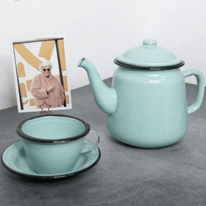 OEM Customized Color Brand Logo Manufacturer Promotional Reusable Metal Enamel Coffee Tea Cup and Saucer Set