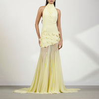 Robe longue élégante jaune pour femme ZYHT 73367, col halter, ornements floraux 3D, panneau en maille transparente, froncée, pour les soirées