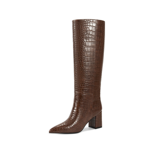 WETKISS Bottes aux genoux à <span class=keywords><strong>talon</strong></span> épais et à motif de crocodile de soie de lait <span class=keywords><strong>noir</strong></span> en vedette-Brun mat - Product Image 6