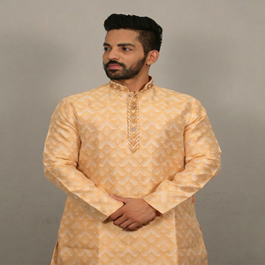 Kurta Tradicional de Algodón para Hombre, Corte Regular, Color Naranja con Patrón Blanco, Ropa Casual Estilo India-Pakistán, para Todas las Temporadas - Product Image 1