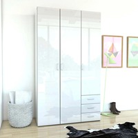 Armoire moderne en MDF blanc à 3 portes avec 3 tiroirs, tringle à vêtements, étagères réglables, fermeture douce, rangement durable pour chambre à coucher