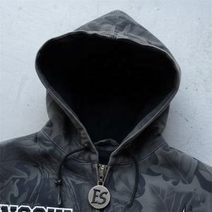 ES kustom Streetwear kotak 450 500gsm ukuran besar kelas berat tertekan 3D bordir <span class=keywords><strong>Camo</strong></span> cetak asam cuci Zip up Hoodie pria - Product Image 2
