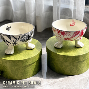 Vintage Ceramic Pet <b>Bowl</b> <b>Raised</b> Paw Foot <b>Food</b> Dish Floral Butterfly Pattern for Cats and <b>Dogs</b> Indoor Feeding - Product Image 2