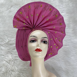 Prix usine perlé femmes rouge Auto Gele fête africaine Headtie Aso Oke avec des pierres pour la fête de désherbage - Product Image 5
