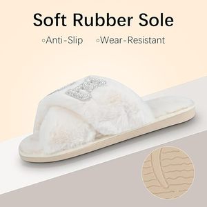 Pantoufles en peluche blanc chaud bout ouvert confortable moelleux je fais perle mariée pour les femmes - Product Image 4