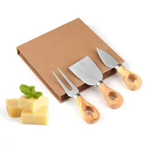 Set pisau keju 3 potong bentuk unik, pisau pemotong keju baja tahan karat alat pegangan kayu profesional dengan kotak hadiah