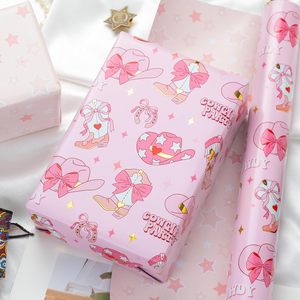 Homeral Pink Cowgirl Wrapping <b>Paper</b> Roll 17In x 32.8Ft Reversible Gift Wrap With Western Boots Hat Cherry <b>Pattern</b> For Girls - Product Image 4