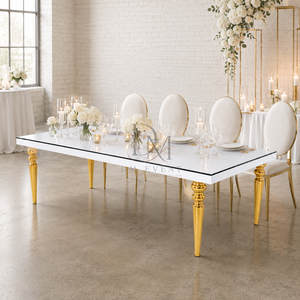 Mesa de Banquete Rectangular de Acero Inoxidable Dorado Premium con Tapa Blanca y Patas Talladas para Bodas y Eventos, Suministro al por Mayor - Product Image 4