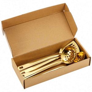 6-Piece Stainless Steel Kitchenware Set Gold-plated Round Soup Spoon Long Handle Service Ladle for Buffet Restaurant - Product Image 1