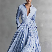 Robe chemise élégante à col polo de style américain pour femme, à rayures, à manches longues, avec poches, à nouer et à lacets