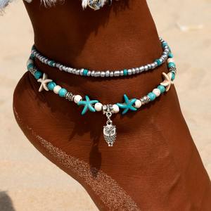 Summer Ocean Beach <span class=keywords><strong>Bracelet</strong></span> <span class=keywords><strong>de</strong></span> <span class=keywords><strong>cheville</strong></span> à double couche Pendentif tortue Pendentif en perles d'étoile <span class=keywords><strong>de</strong></span> mer bleue Bijoux <span class=keywords><strong>de</strong></span> <span class=keywords><strong>cheville</strong></span> pour femmes - Product Image 6
