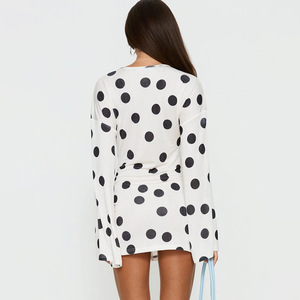 Polka Dot Dress Women Slim Fit Slit <b>Mini</b> Summer Party Casual Crew Neck Breathable Yiwu Origin <b>Printed</b> Patchwork - Product Image 3