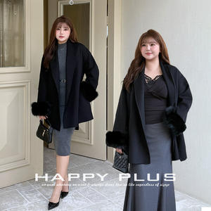 Manteau en laine pour femmes grandes tailles Runqi, coupe ample, manches longues avec poignets en fourrure, vêtements d'extérieur automne-hiver - Product Image 3