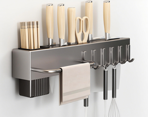 Cooking Utensils Holder Wall-Mounted Chopsticks <b>Storage</b> <b>Kitchen</b> Knives Holder <b>Rack</b> Smart Kitchenware Organizer With Steel Hooks - Product Image 1