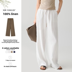 Pantaloni Estivi di Alta Qualità in Puro <span class=keywords><strong>Lino</strong></span> per Donna, Pantaloni Larghi a Vita Alta con Chiusura a Coulisse, Gamba Dritta - Product Image 3