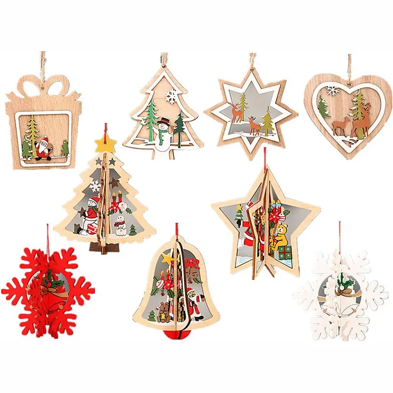 3DChristmasウッドハンギングペンダントカラフルな木製スライスカットアウトベニヤ、クリスマスツリーまたは家の屋内装飾用のハングストリング付き