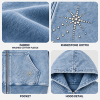 Sweat à capuche zippé personnalisé avec strass, en molleton de coton délavé, avec strass thermocollés, pour homme, style streetwear
