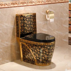 Luxury antique golden color sanitary wares bathroom commode one piece siphonic black and gold ceramic toilet bowl