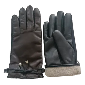 Custom Women Winter Sheepskin Leather Gloves With Decorative Belts Lined With Knitted Lining
