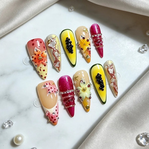 10 faux ongles à presser faits main, motif floral 3D, couleur estivale, design floral 3D, style stiletto français - Product Image 4