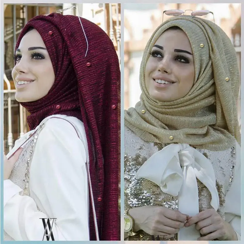 Grosir Syal Jilbab Poliester dengan Putaran Emas Mutiara Jilbab Lembut Syal Cantik Jilbab Turban Muslim untuk Wanita