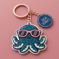 Porte-clés personnalisé en plastique acrylique, peluche de luxe, logo de créateur personnalisé, pieuvre scintillante avec lunettes de soleil, breloque de sac