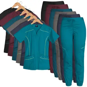 Oem Scrubs Uniformen Sets V-hals Korte Mouw Elastische Scrubs Pak Tops Verpleging Jogger Sets Vrouwen Scrubs Verpleegster Ziekenhuis Uniform