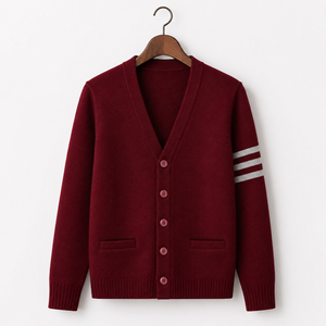 Cardigan con Scollo a V Grigio a Righe <span class=keywords><strong>Bordeaux</strong></span> con Logo Personalizzato, Maniche Lunghe, Colore Unito, in <span class=keywords><strong>Maglia</strong></span> Acrilica, per <span class=keywords><strong>Donna</strong></span>, Autunno Inverno - Product Image 3