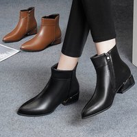 Sepatu bot pendek hak tebal untuk wanita, sepatu bot semata kaki ritsleting samping dengan bantalan lateks kulit sapi asli musim gugur dan musim dingin 2026
