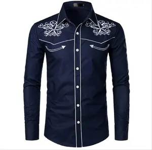 Camisa masculina de manga longa, mais nova de alta qualidade, botão casual, bordado, estilo mexicano, slim fit, bordado, cowboy