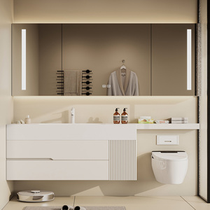 Mobile Bagno con Lavabo Singolo da 56 Pollici e Oltre, Stile Minimalista Elegante, Lavabo Integrato in Pietra Ingegnerizzata - Product Image 1