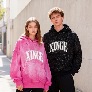 Sudadera con capucha unisex extragrande y corta, estilo vintage, lavado desgastado, 400 g/m², con estampado retro de pedrería, venta al por mayor, modelo 2026 - Product Image 2