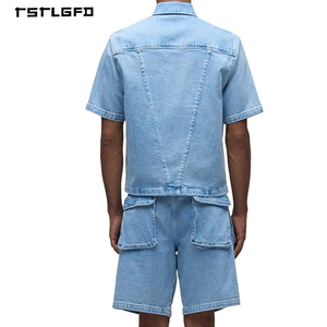 Wholesale Spring Light Wash Printed Denim Short <b>Set</b> Cargo Pockets for Men Relaxed Fit Short Sleeve Button Streetwear Tracksuit - Product Image 5