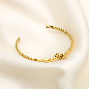 Cuff <b>Bracelet</b> Gold Steel Color Double Layer <b>Knotted</b> Open Design Unisex Jewelry - Product Image 1