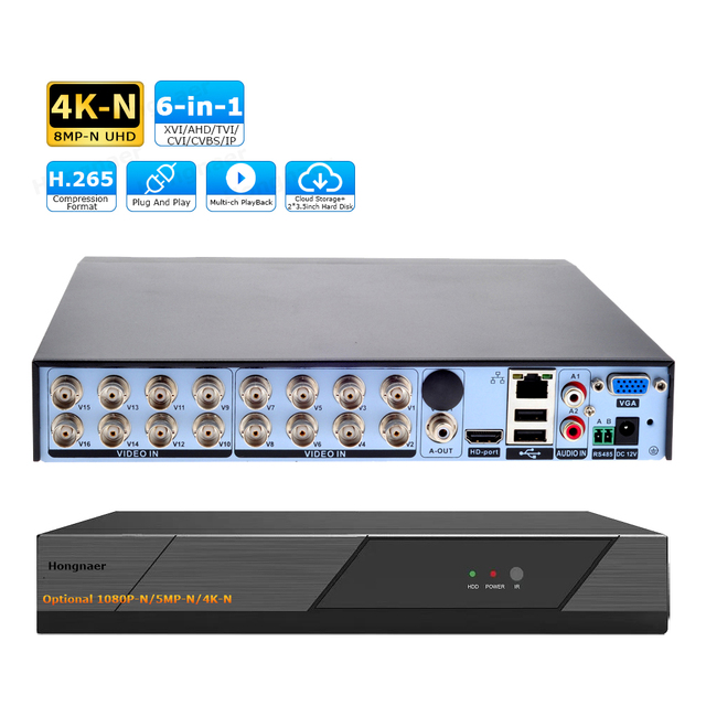 Hongnaer 1080P/5/8MP-N 2 SATA H.265 XMEye Pro ICSee 4K-N 6 in 1 XVI/AHD/TVI/CVI/CVBS/IP 16CH Analog DVR Digital Video Recorder