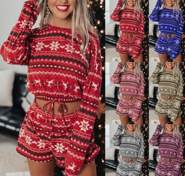 2022 2 pieces Comfortable women couples leisure wear long sleeve short pants cute holiday women family christmas pajamas