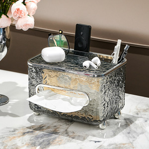 Luxury Tissue Box Organizer Transparent Silver Gray Multipurpose Desktop Storage for Remote Control Glasses Earbuds - Product Image 1