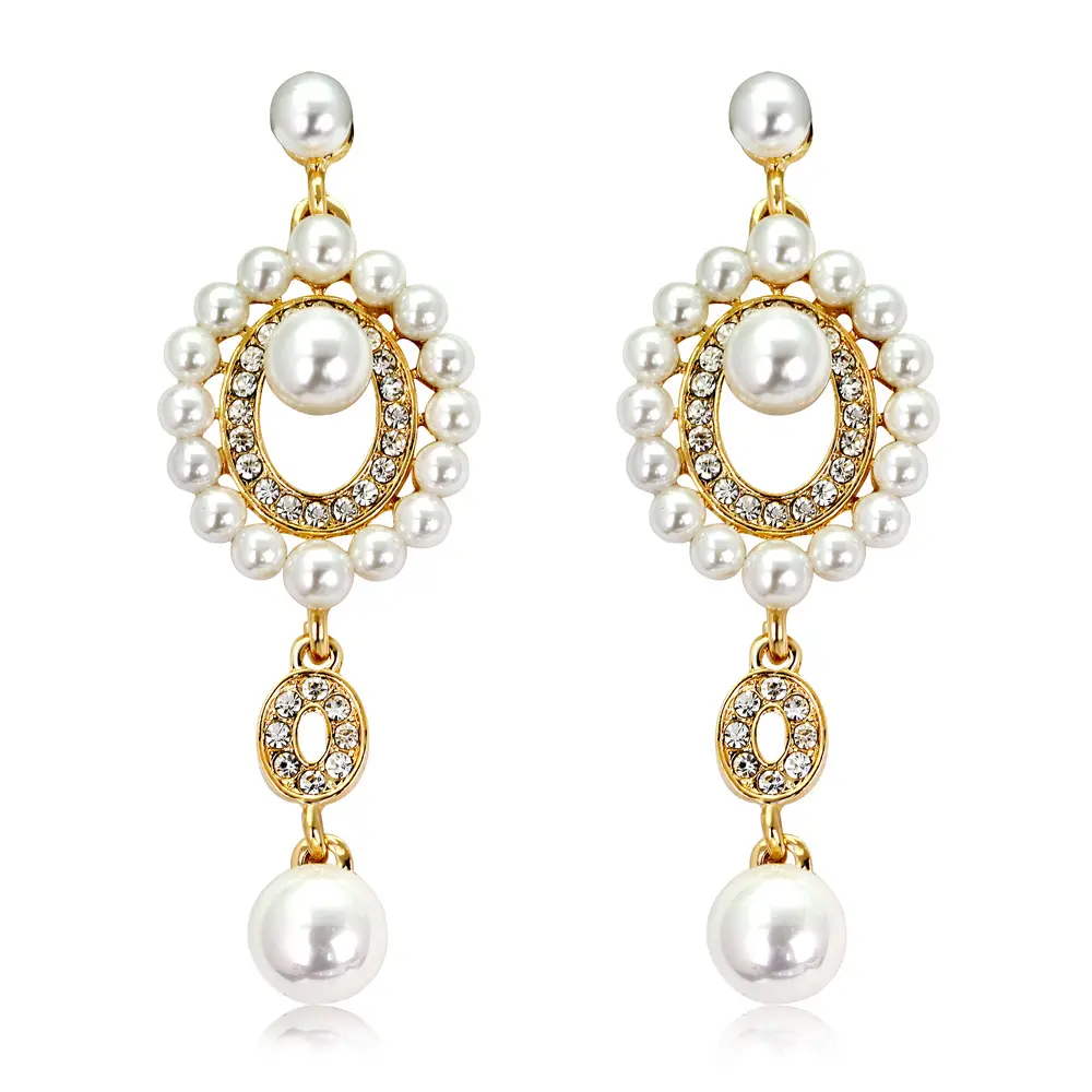Trendy Fashion Jewelry Antique Gold Silver Plated Elegant Diamond Shiny Drop Double Hoop Circle Rhinestone Pearl Earrings