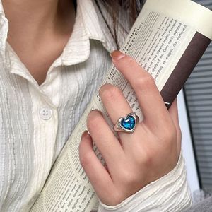 Korean Heart Shape <b>Open</b> <b>Ring</b> S925 Silver Blue Zircon Women's Fine Jewelry Everyday Wear - Product Image 3