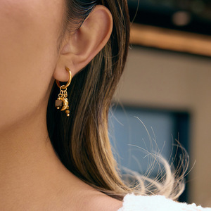 Pendientes de aro con diseño de estrella y luna, ojo de tigre, tono dorado, aleación de zinc, acero inoxidable, pendientes colgantes de moda para mujer - Product Image 2