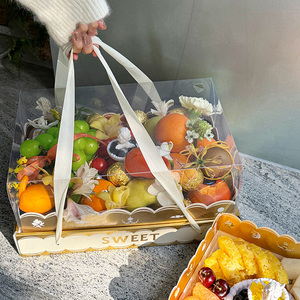 IMEE Caja de Lujo Resistente para Regalo de Fruta, Flores o Pastel, <span class=keywords><strong>15</strong></span>*11 Pulgadas, Tapa Transparente de Plástico Crema con Asa y Laminado Dorado para el Día de la Madre - Product Image 1