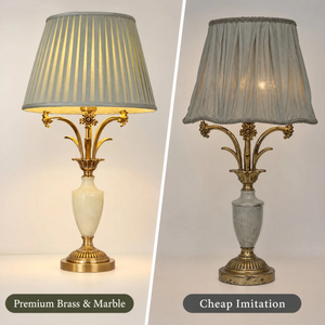 Lampe de <span class=keywords><strong>table</strong></span>, lampe de chevet, lampe de nuit, en laiton, avec abat-jour en tissu plissé et base en marbre, style classique pour chambre à coucher, tête de <span class=keywords><strong>lit</strong></span>, coiffeuse - Product Image 2