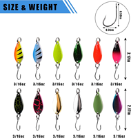 Kit de 12 leurres cuillères pour truites, mini-cuillères métalliques à lancer avec hameçon simple pour la pêche au crappie, au char, à la perche, au sunfish en eau douce