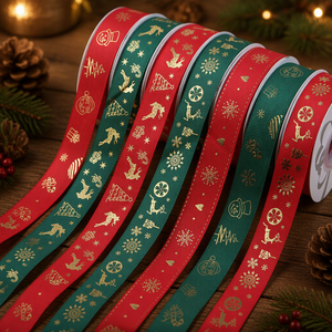 Cinta Navideña SEEWIN con Diseño Personalizado, Rollo de Satén de Poliéster con Estampado Dorado, 25 mm x 50 Yardas, Embalaje Ecológico para Cajas Navideñas - Product Image 1